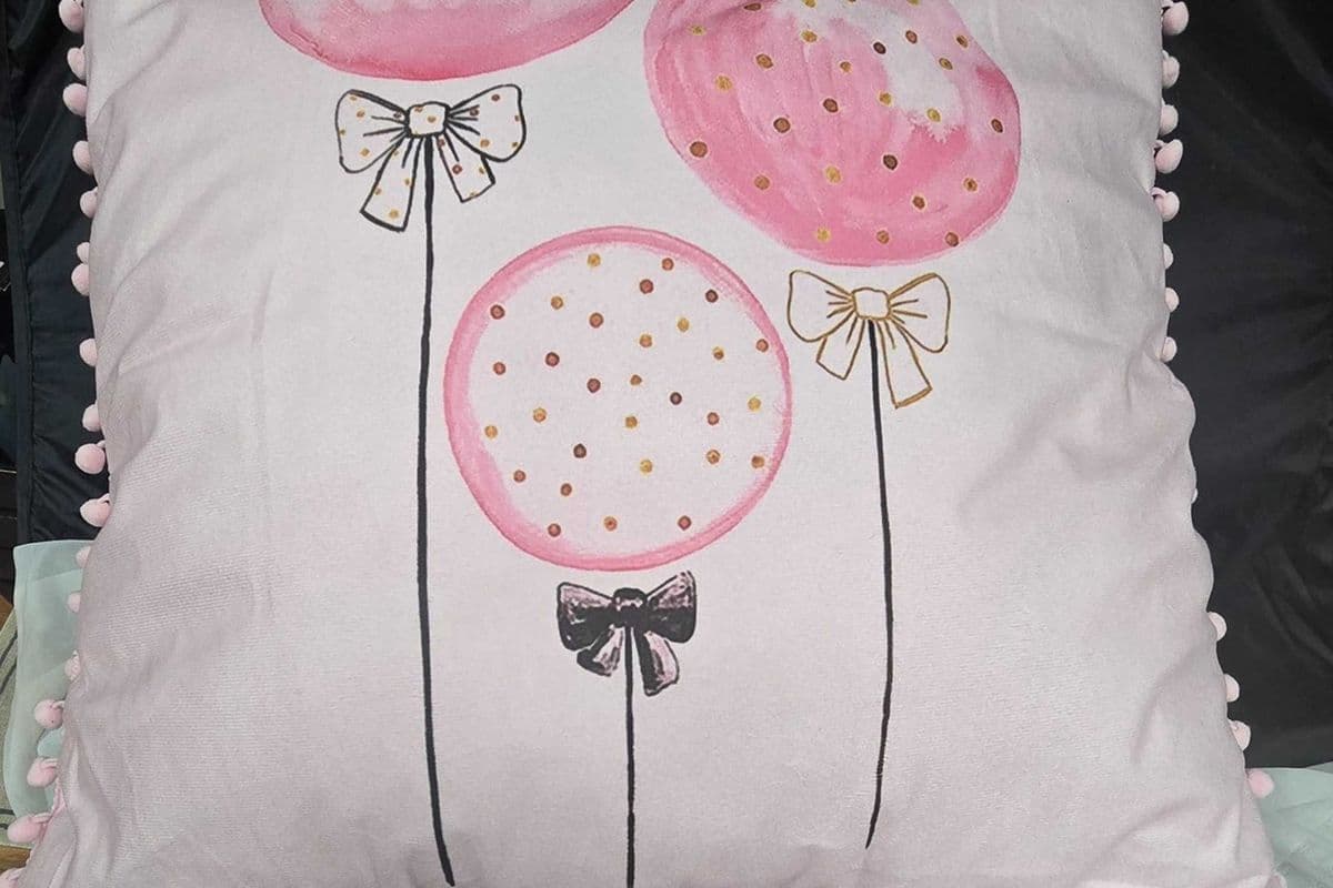Large Pink Cushion Cover with Little Pompoms, cuter Print and Filler
