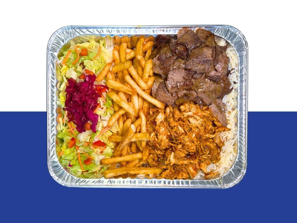 TR GRAND PAIR PLATTER, 350g Beef Doner, 350g Pulled Chicken, 3 Large Sides, and 4 house made rolls