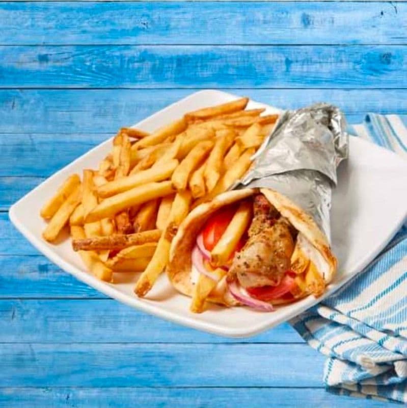 Two Pieces Pork Souvlaki on a Pita
