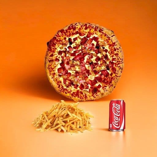 Promotion 8: Inclus 1 pizza 14 po (choix de 3 ingrédients), 1 petite frite, et 1 breuvage