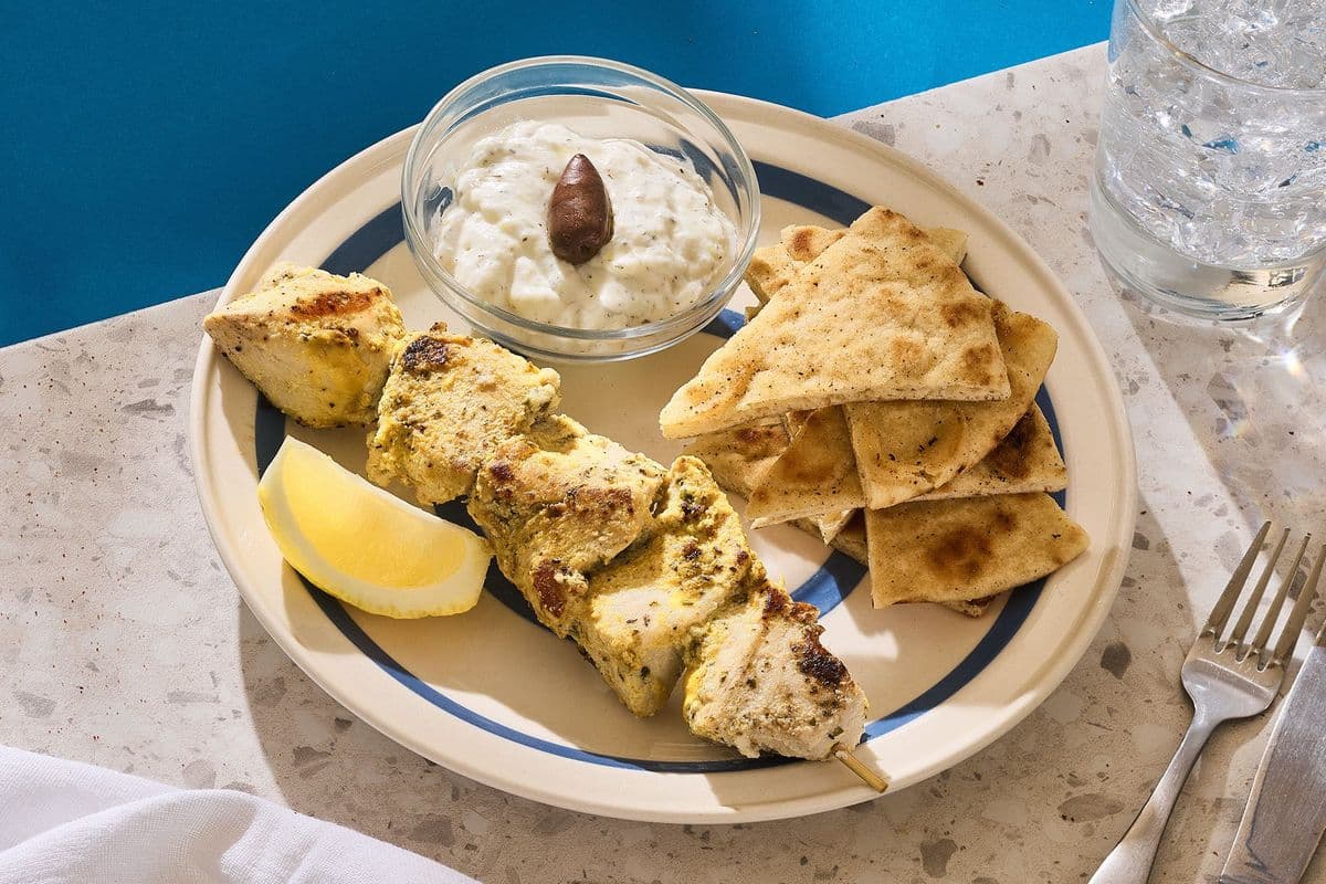 Souvlaki Skewer with Pita Bread and Tzatziki
