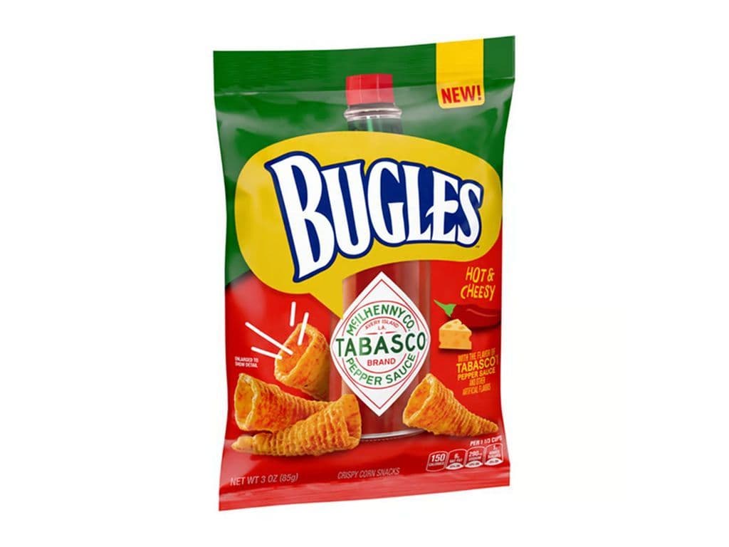 Bugles Tabasco Pepper Sauce Hot and Cheesy Cone Shaped Corn Chips 85g