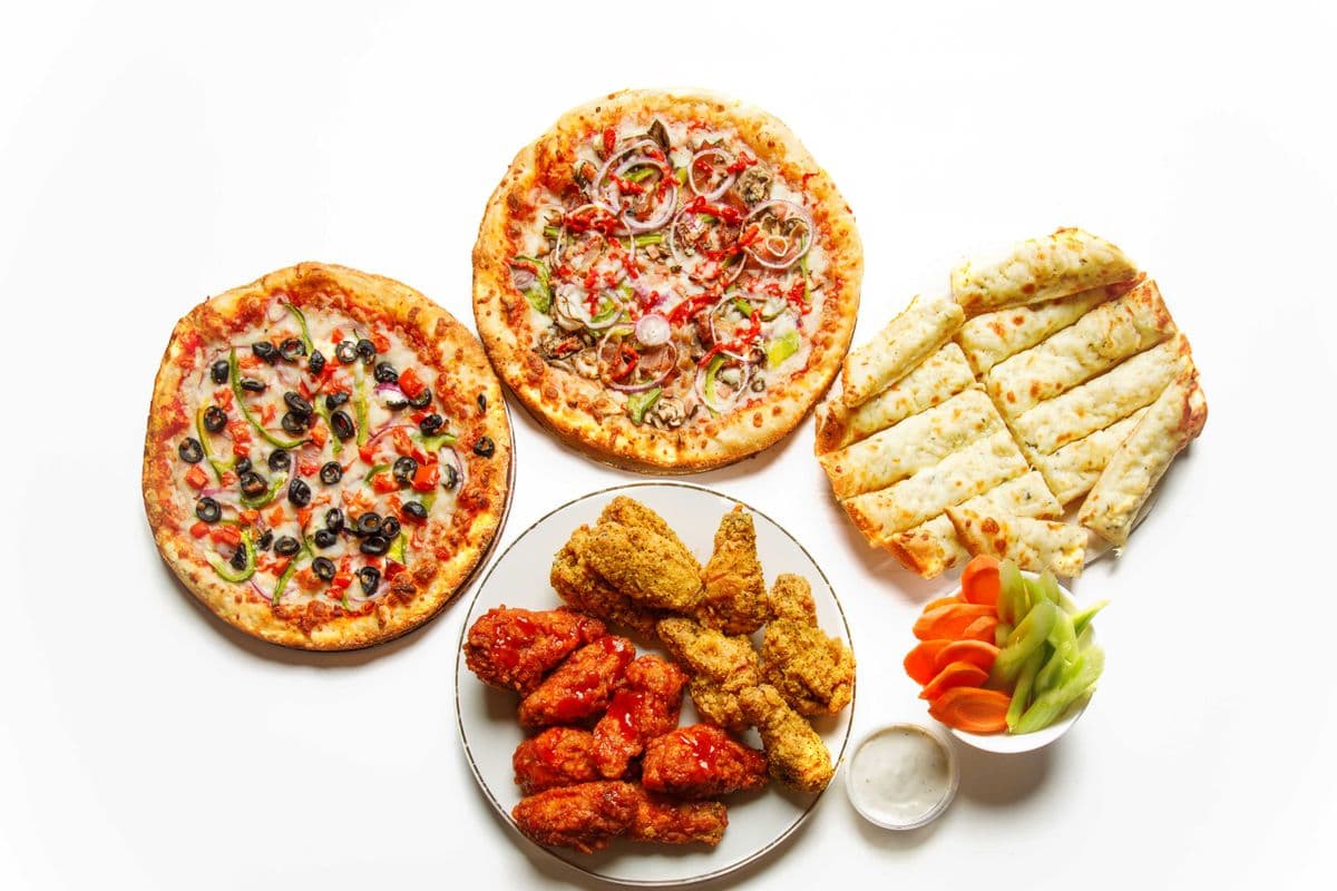 Two Large Three-Toppings Pizzas with wings and Side Breads