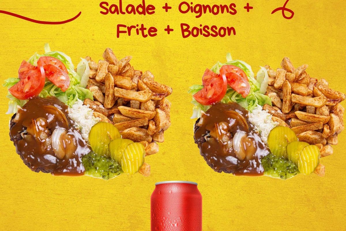 2 Hamburger Steak + Salade + Oignons + Frite + Boisson