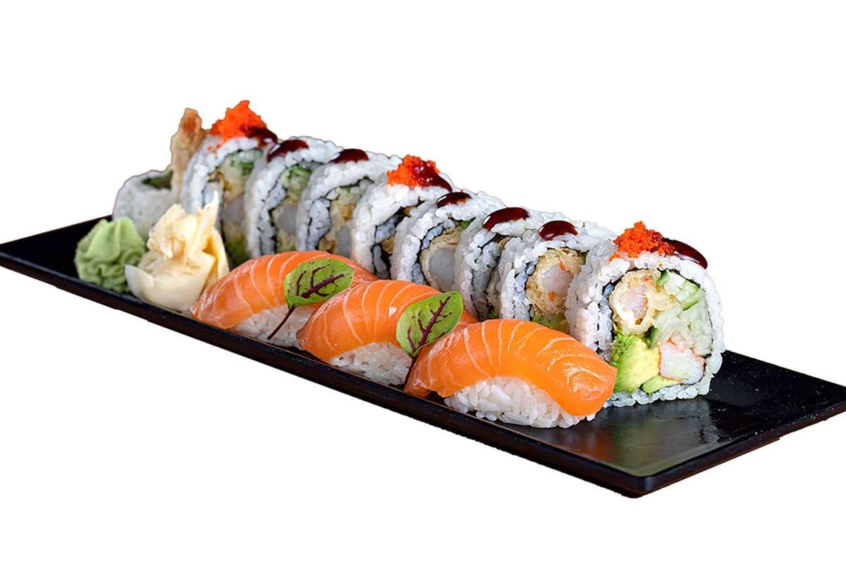 Dynamite Roll (10 pcs) and Salmon Sushi (3 pcs) (550 Cal)