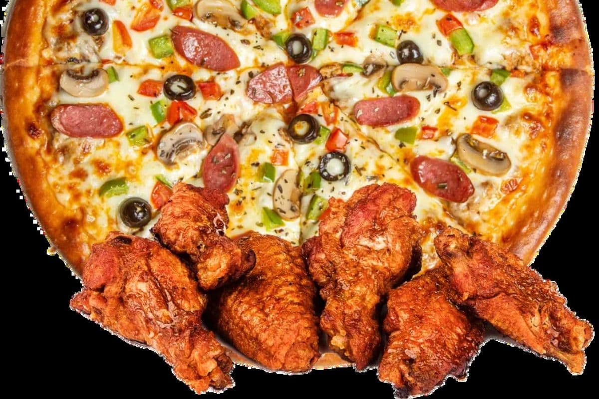 Medium 3 Toppings + Classic Wings (6Pcs)