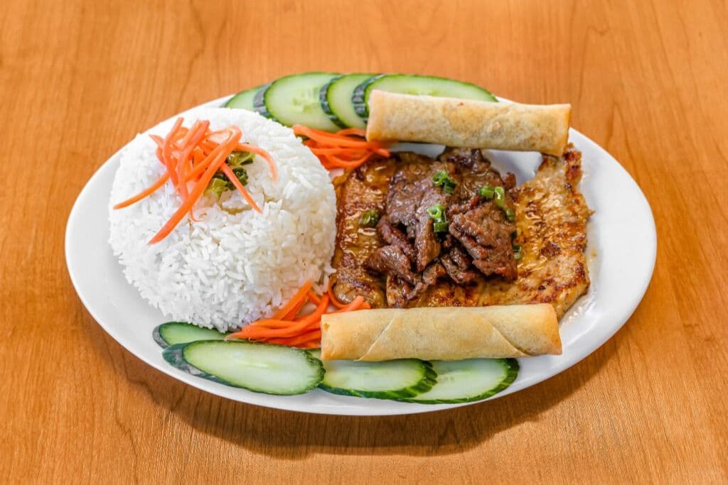 Grilled Pork and Spring Rolls on Rice