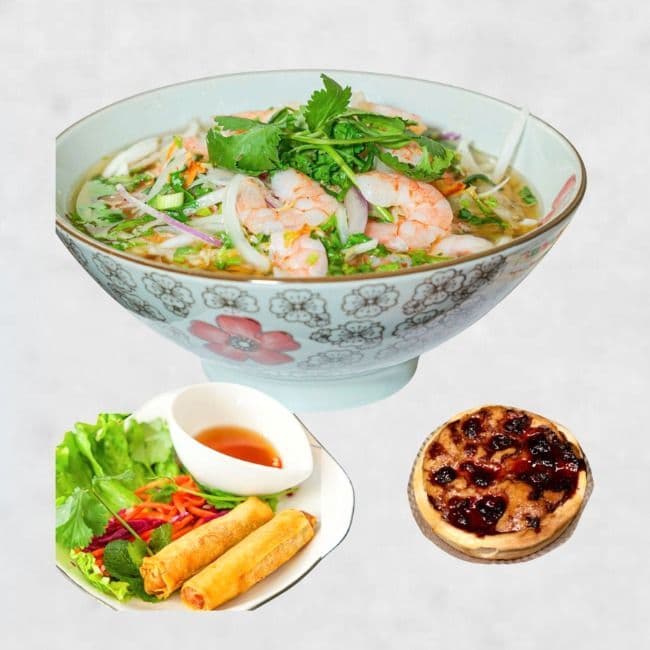 C2. Combo de Pho Soupe + Rouleaux impériaux + Dessert: tarte