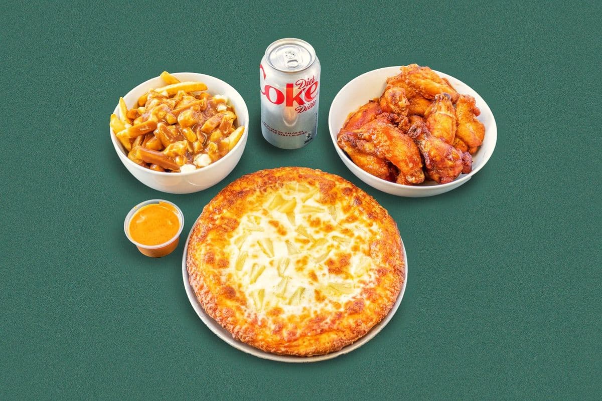 Small Three-Topping Pizza, Wings or Poutine, Pop and Dip