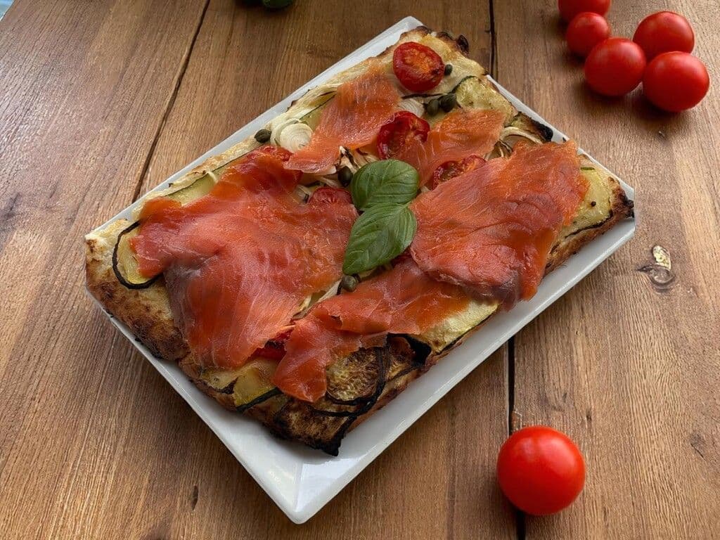 PIZZA SLICE - SMOKED SALMON , ROASTED ZUCCHINI WHITE SAUCE