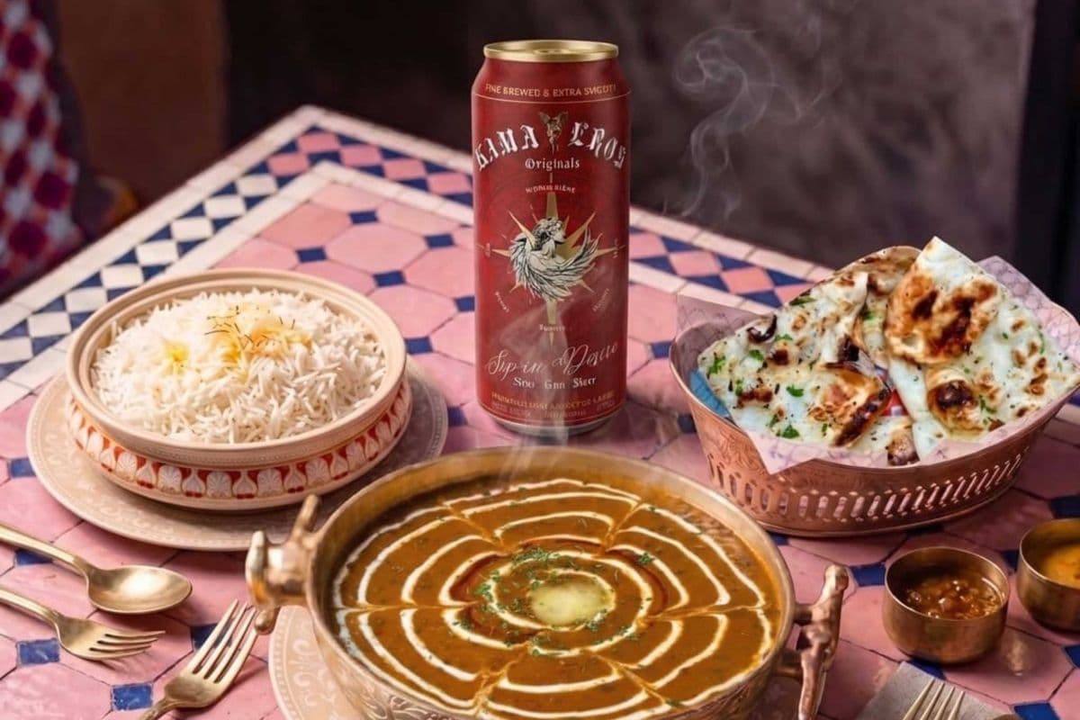 KAMA EROS INDIAN BEER WITH DAAL MAKHANI PLAIN BASMATI RICE GARLIC NAAN