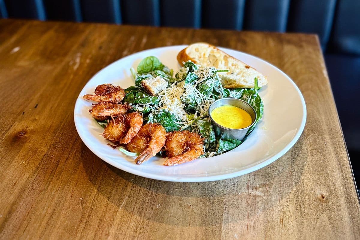 Coconut Shrimp and Spinach Caesar Salad