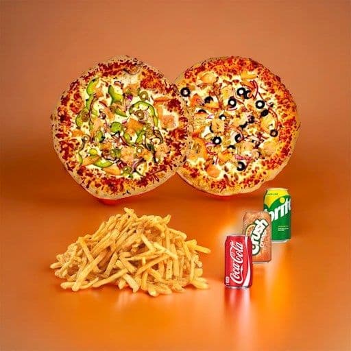 Promotion 15: Inclus 2 pizzas 14 po (choix de 3 ingrédients), 1 grande frite,et 3 breuvages