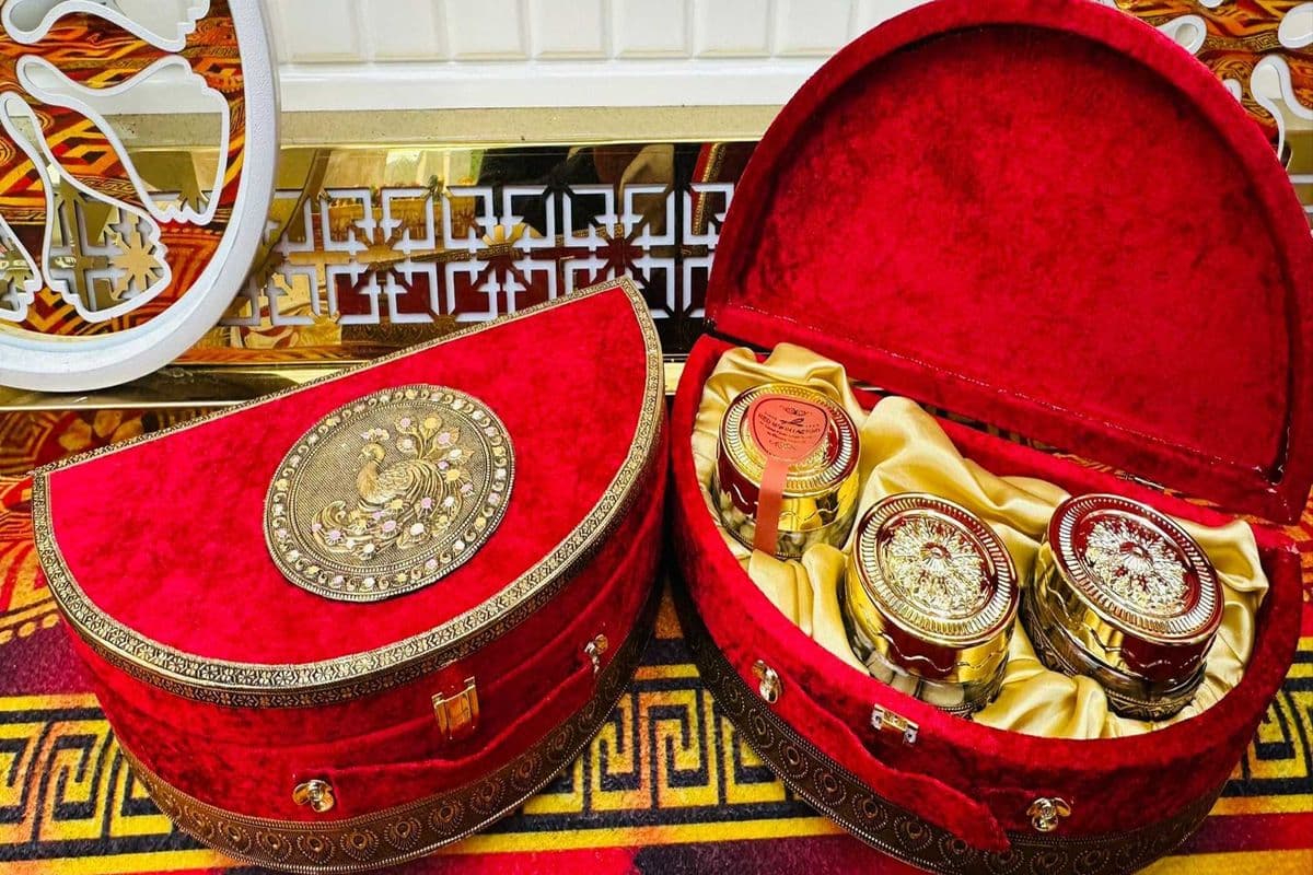 Unique red hamper with Peacock design