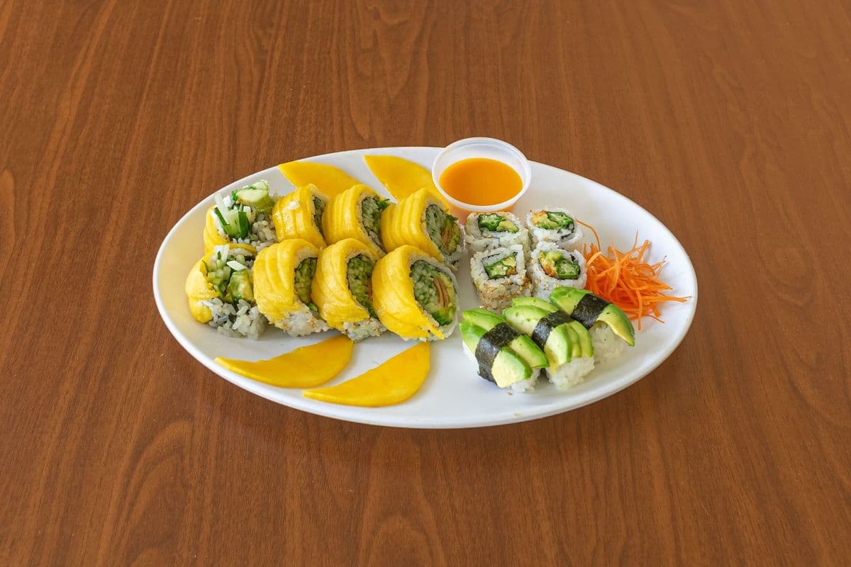 AC6 Gold Veggie Dragon Roll (8 pcs), Avocado Sushi (3 pcs), and Fried Okra Sushi (2 pcs)