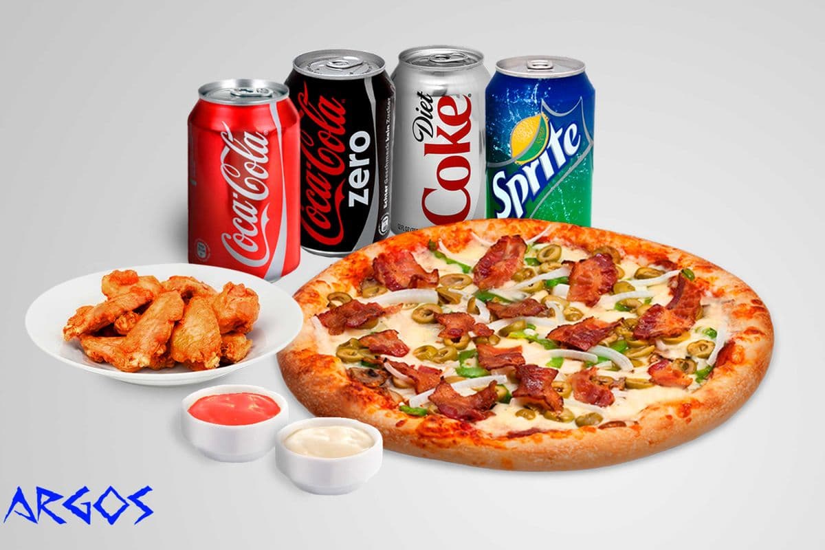 Large Pizza, 12 Wings, 4 Drinks + 2 Dips