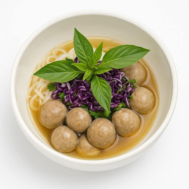 Beef Balls Rice Noodle Soup / Soupe de nouilles au riz avec boulettes de boeuf