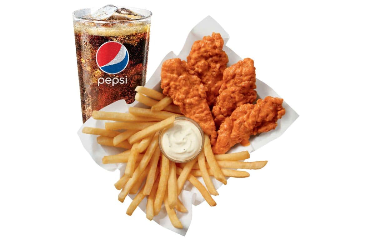 Buffalo Sauced and Tossed Chicken Strip Basket with Drink