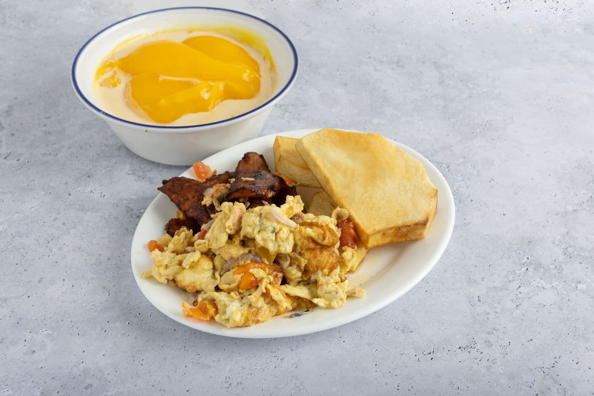 Oatmeal Porridge with Fried Plantain, Fried Yam, and Fried Egg