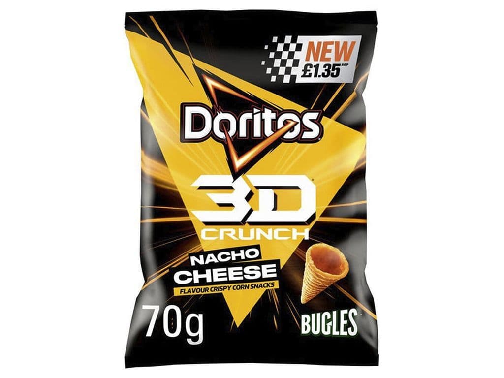 Doritos 3D Crunch Bugles Nacho Cheese Crisps UK 70g Cheesy Corn Chips