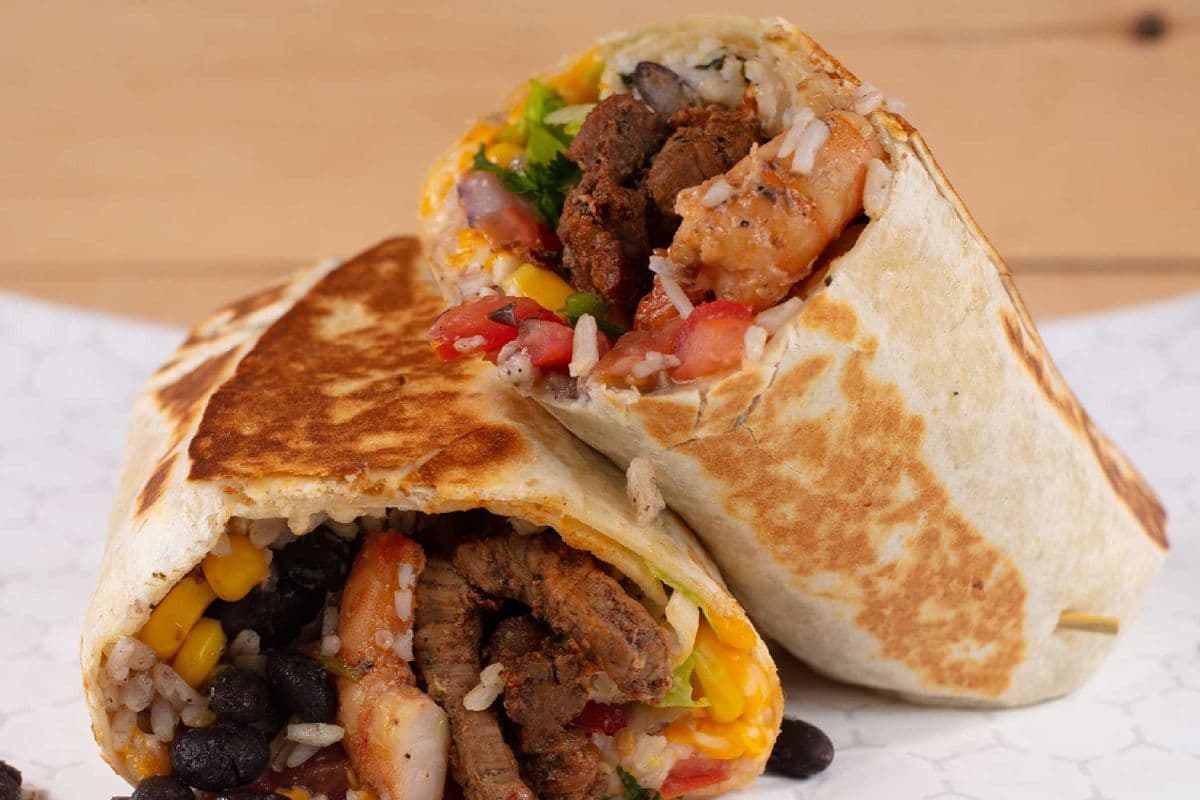 Steak and Pan Seared Shrimp Burrito