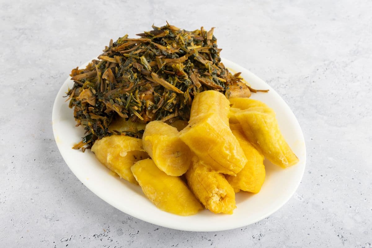 Boiled Green Plantain + Vegetable With Ugba + Fried Fish or Fried Chicken