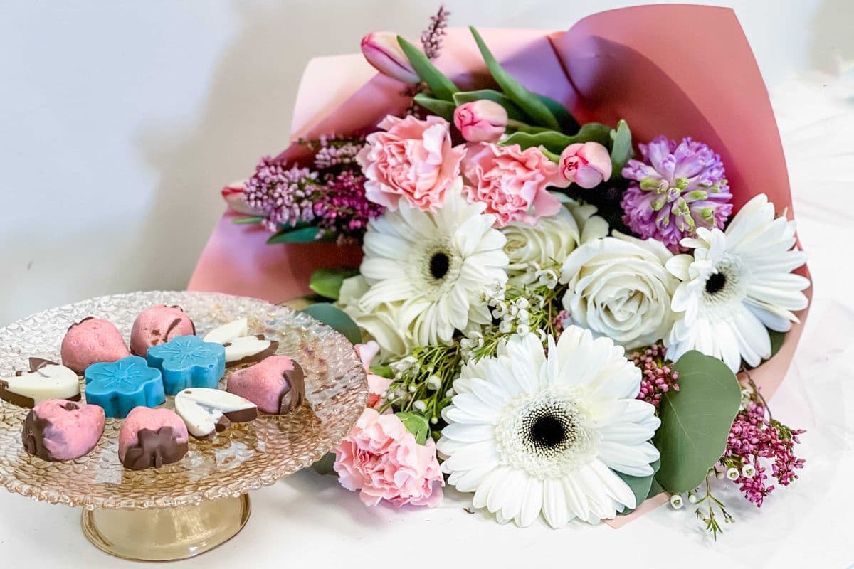 Flowers and Chocolates - Hand tied bouquet plus box of chocolates
