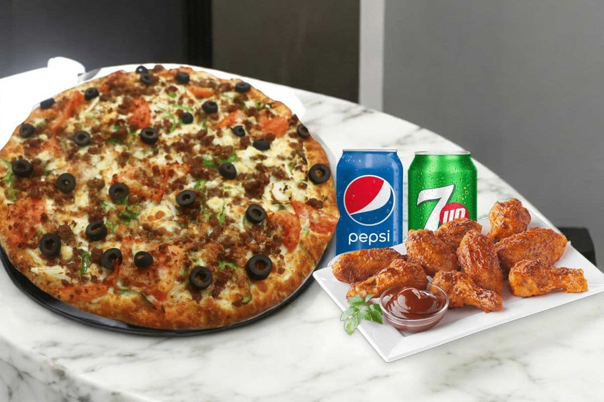 Medium Pizza (3 Toppings) & 10 Wings Deal + 2 Pop