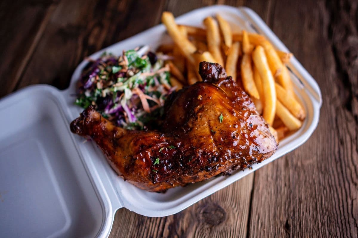 Jerk Chicken with Fries and Kale Slaw