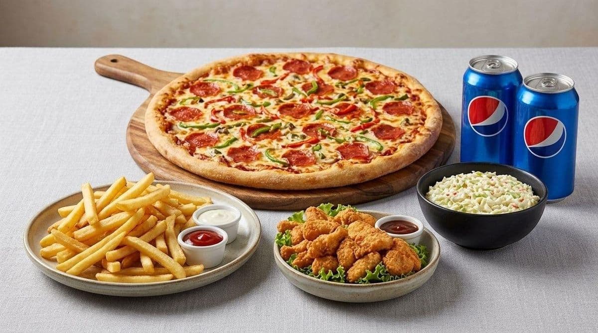 Combo #7- Pizza Moyenne + 15 ailes ou 18 croquettes + 4 canettes de Pepsi