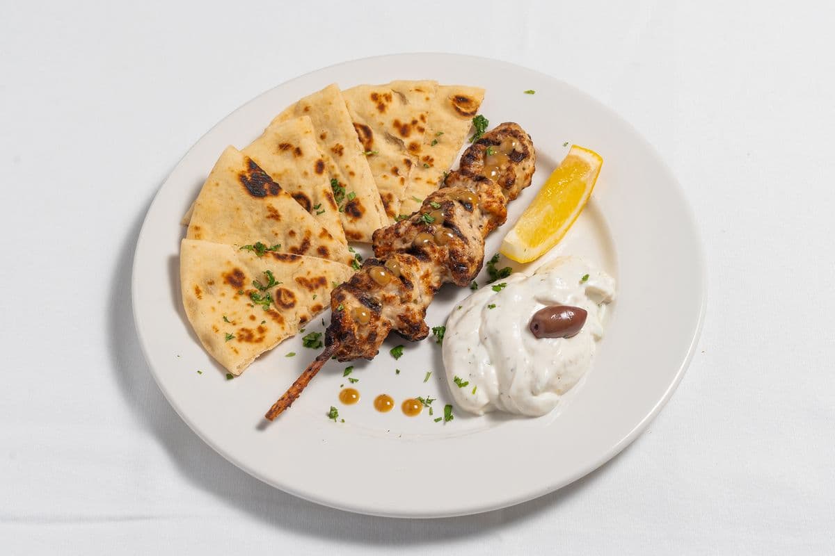 Souvlaki Skewer with Pita Bread and Tzatziki