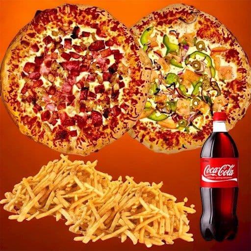 Promotion 11: Inclus 2 pizzas 18 po (choix de 3 ingrédients), 2 frites moyennes, et 1 liqueur 2L
