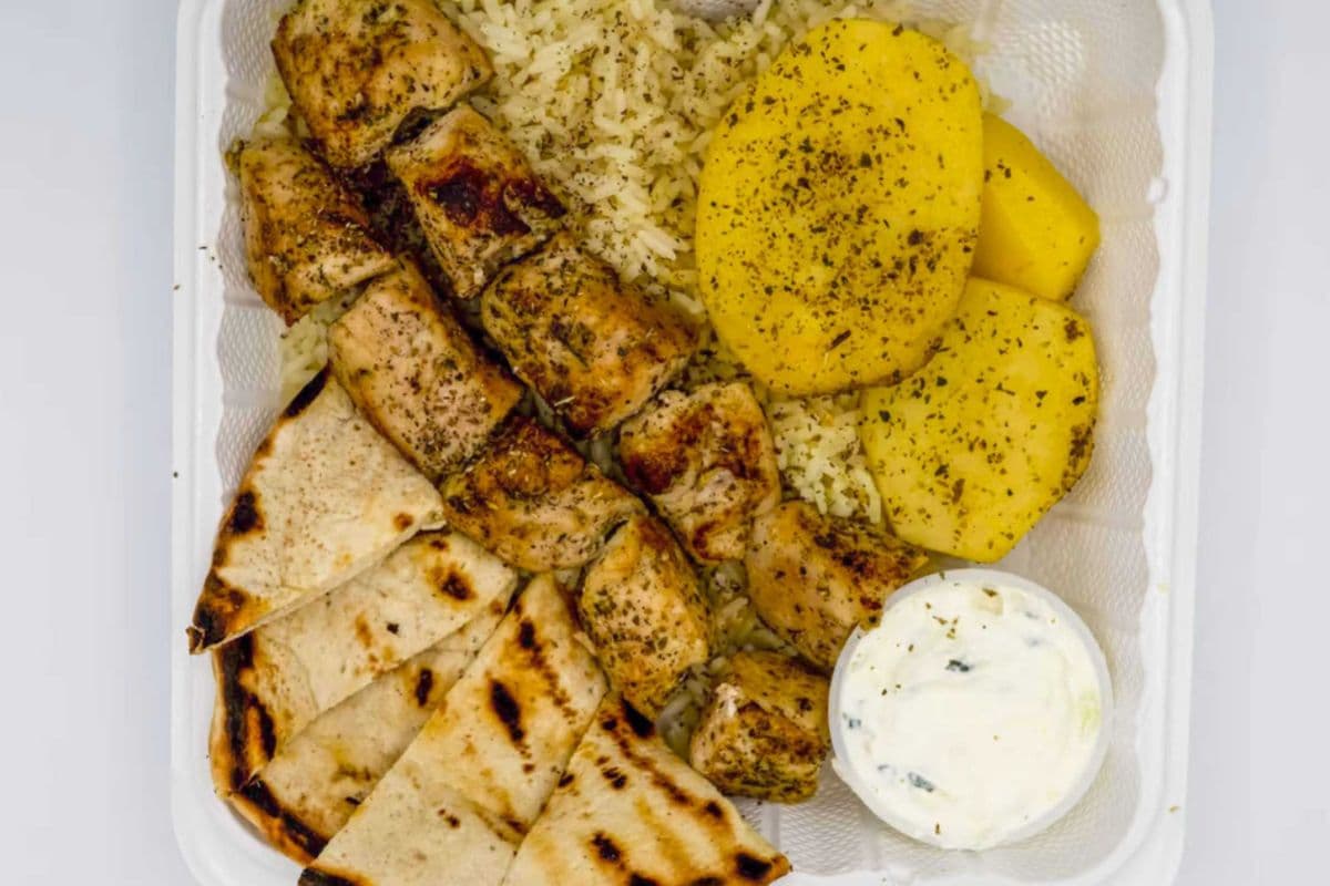 Lamb souvlaki dinner