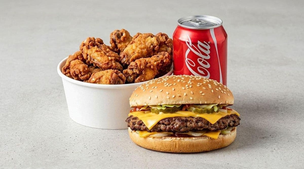 Trio #2 — Cheeseburger + 6 ailes de poulet + boisson gazeuse