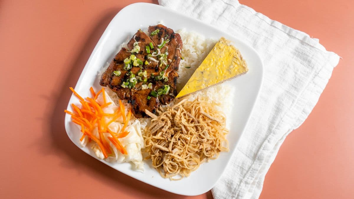 22. Grilled Pork Chop, Egg Pie, and Shredded Pork on Rice