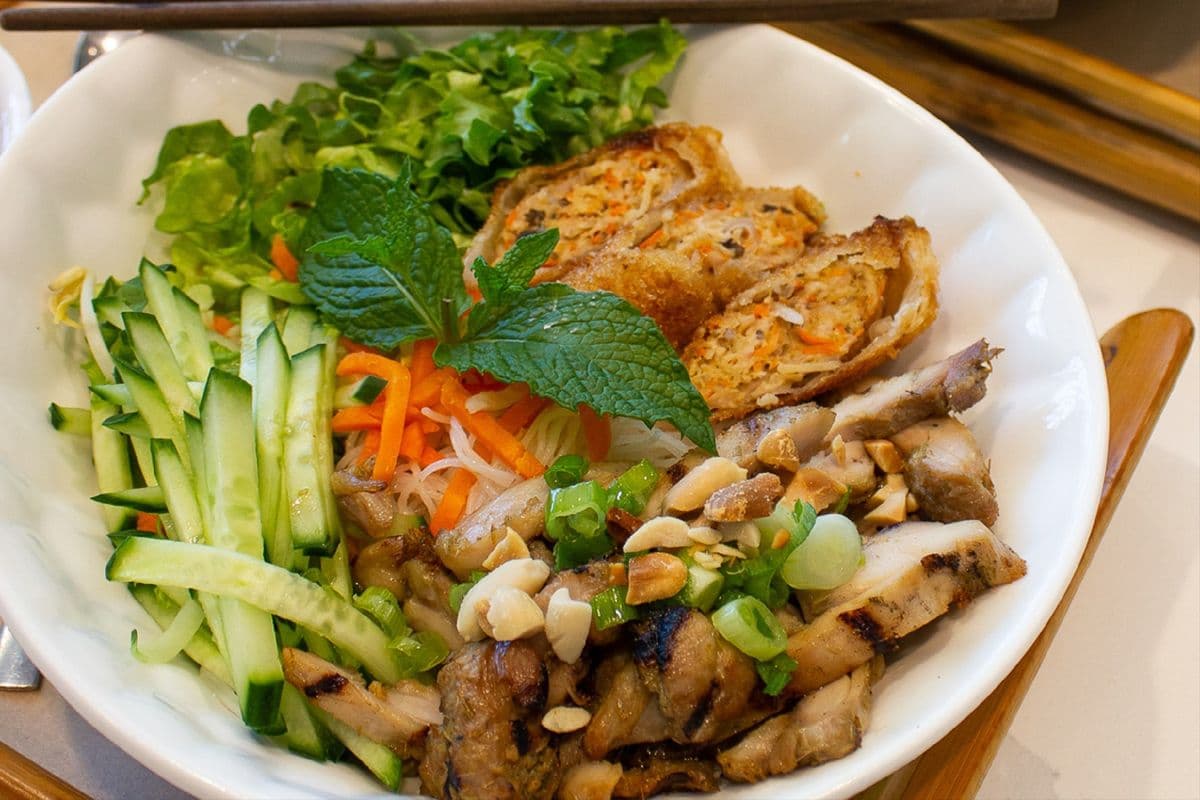 Grilled Lemongrass Chicken and Spring Roll Vermicelli Bowl