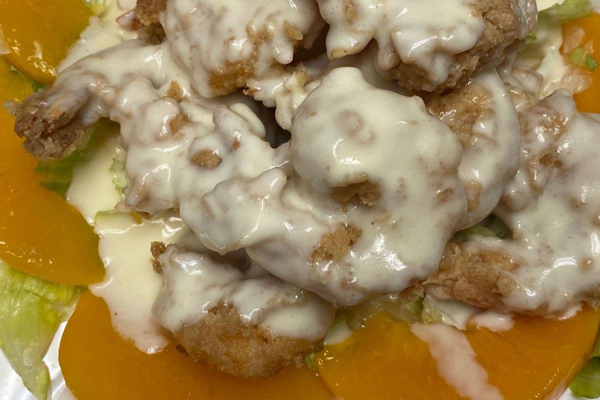 SD1. Battered Prawns with Peaches in Creamy Sauce