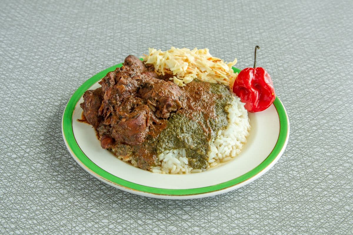 Calaloo, Stew Chicken, & Rice