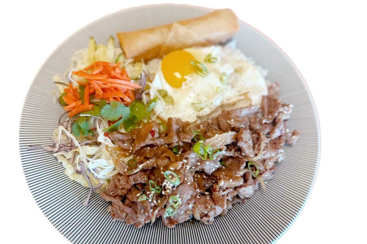 Chilli Lemongrass Pork with Spring roll, Salad, Egg on rice