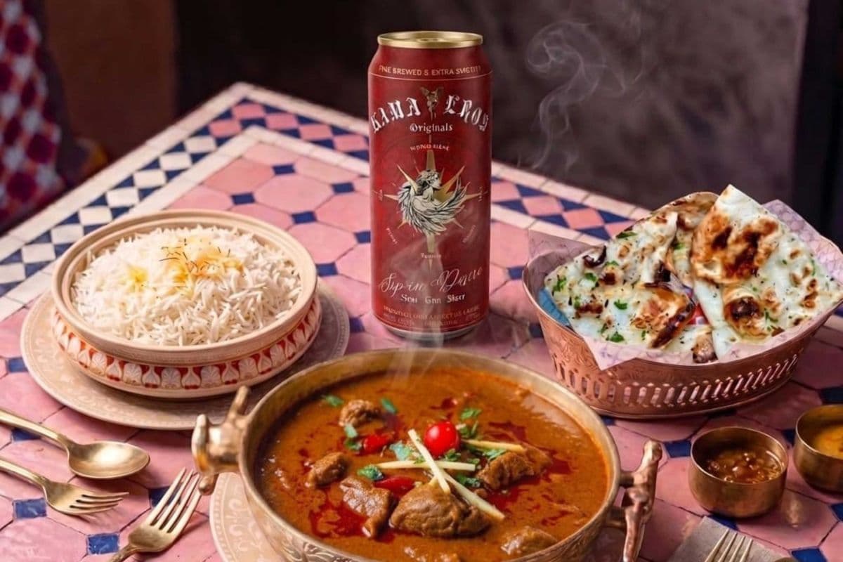 KAMA EROS INDIAN BEER WITH LAMB ROGENJOSH PLAIN BASMATI RICE GARLIC NAAN
