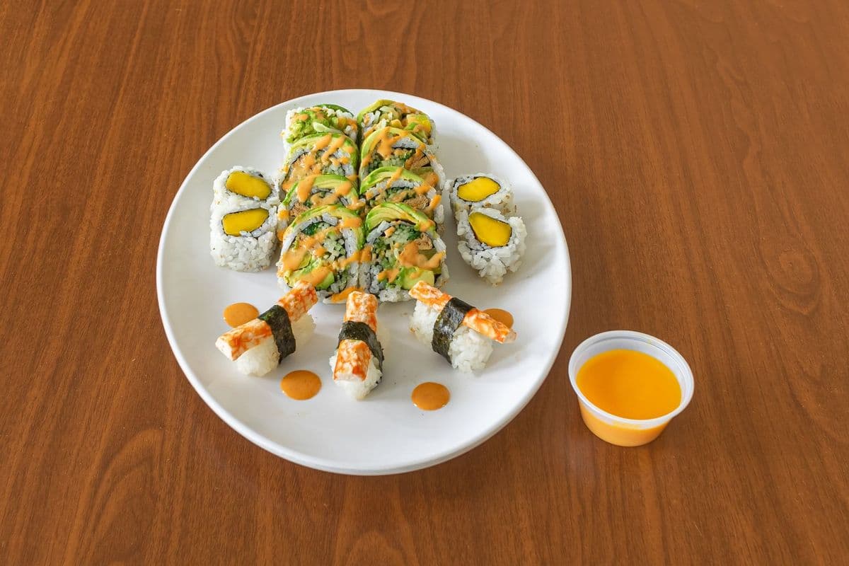 AC3 Green Veggie Dragon Roll (8 pcs), Vegan Crab Sushi (3 pcs), and Mango Roll (4 pcs)