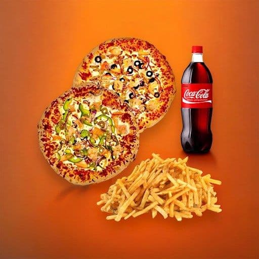 Promotion 10: Inclus 2 pizzas 16 po (choix de 3 ingrédients), 1 grande frite, et liqueurs 2L au choix