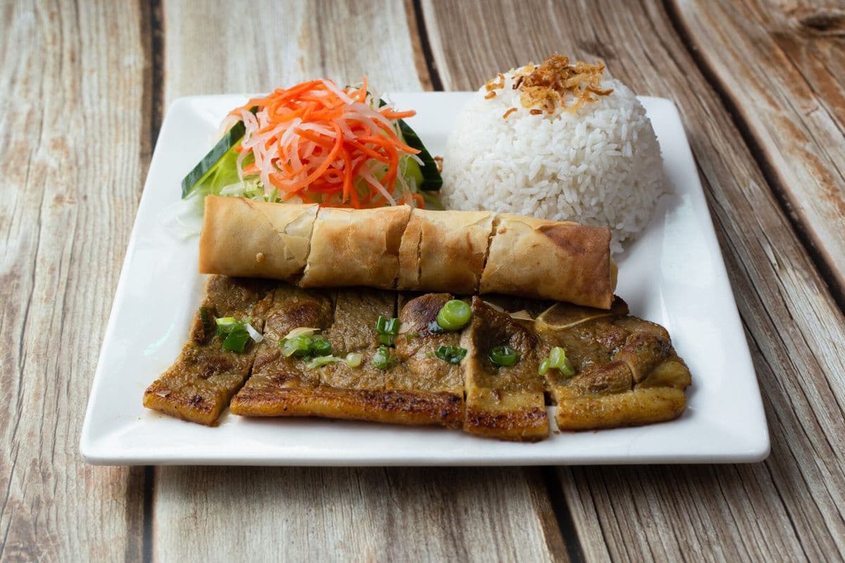 63.Grilled Lemongrass Pork Chop and Spring Roll on Rice (Cơm Sườn, Chả Giò)
