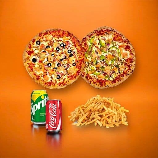 Promotion 14: Inclus 2 pizzas 12 po (choix de 3 ingrédients), 1 frite moyenne, et 2 breuvages