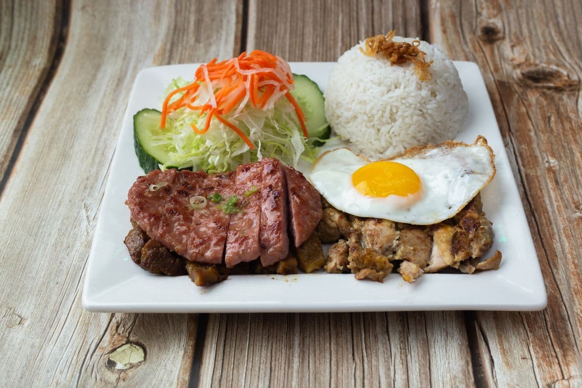 65. Grilled Chicken, Pork Chop, Minced Pork, and Fried Egg (Cơm Gà Nướng, Sườn Nướng, Nem Nướng, Trứng Ốp La)