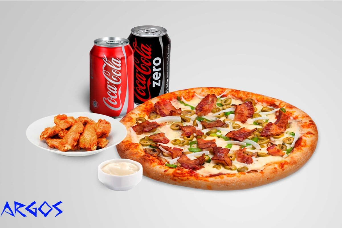 Medium Pizza, 10 Wings, 2 Drinks + 1 Dip