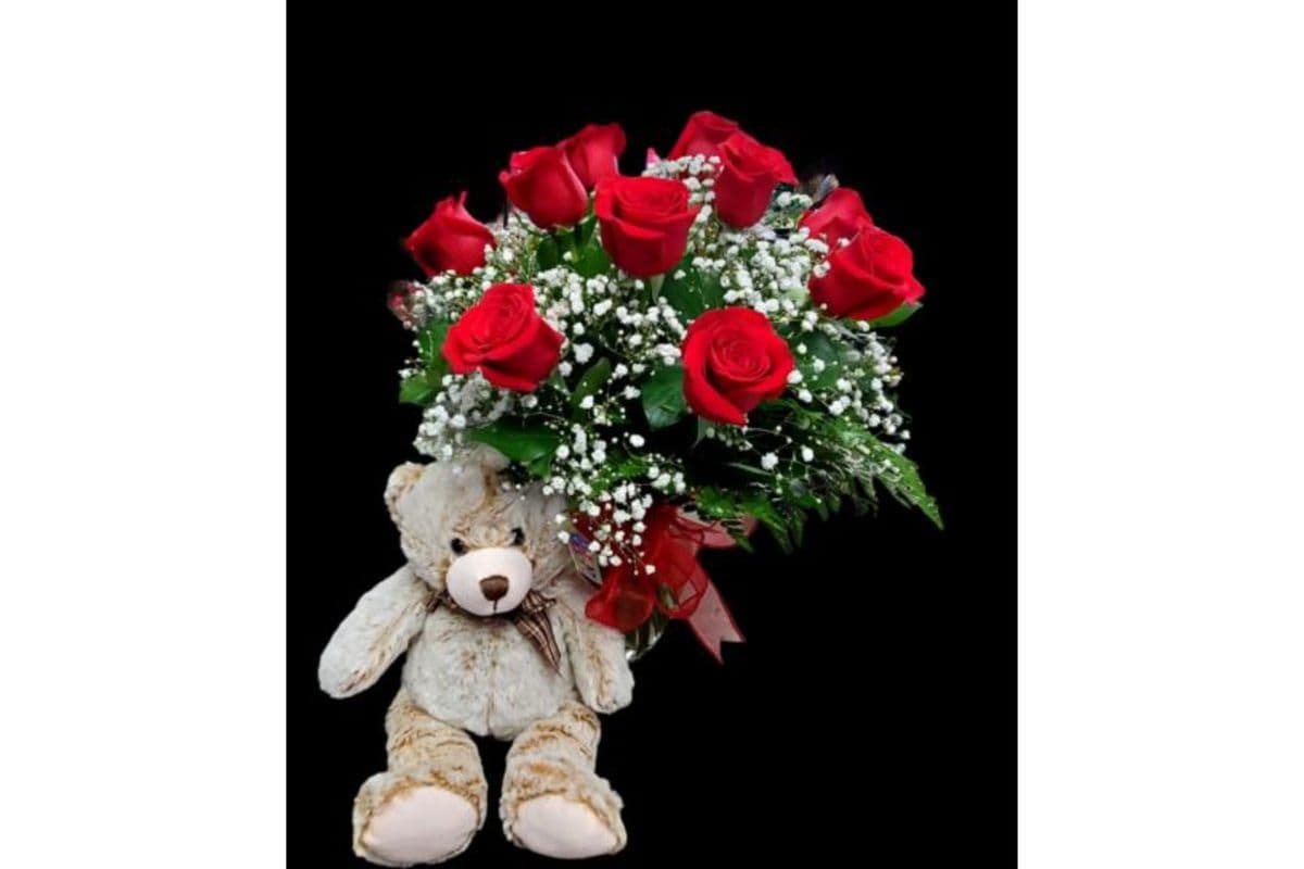 One Dozen Roses with a Teddy Bear