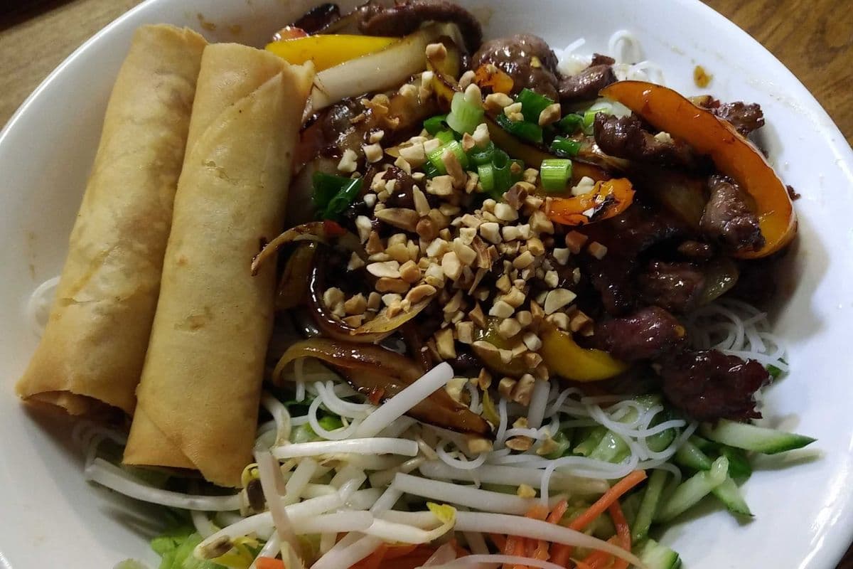 Spicy Sauteed Lemongrass Bowl and Spring Rolls (Bo/Ga/Dau Hu Xao Xa Cha Gio)