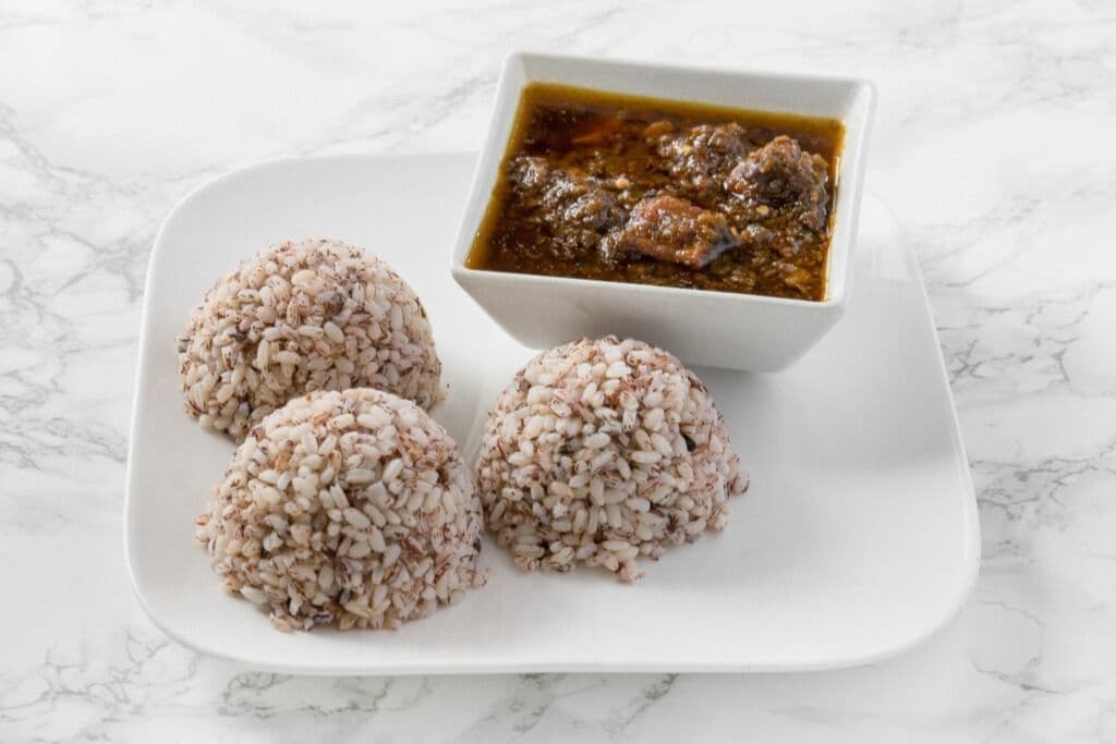 Ofada Rice with Ofada Sauce and Diced Assorted