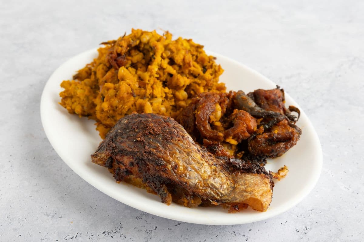 Beans with Fried Plantain and Fried Fish